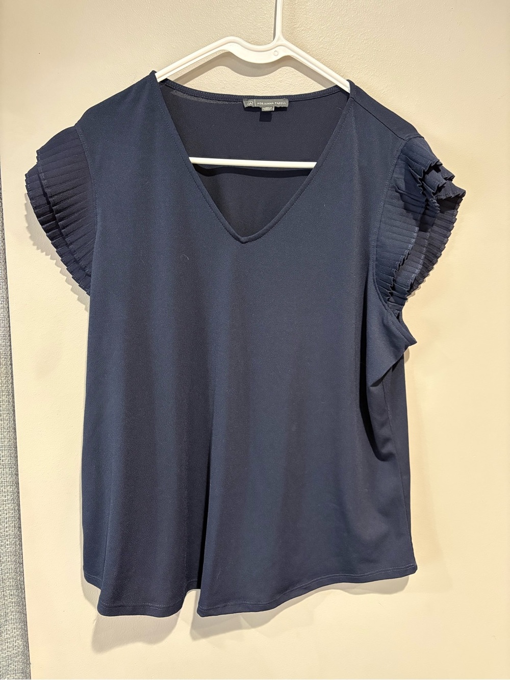 Adrianna Papell Navy Blue Pleated Flutter Sleeve V-Neck Blouse Top XL